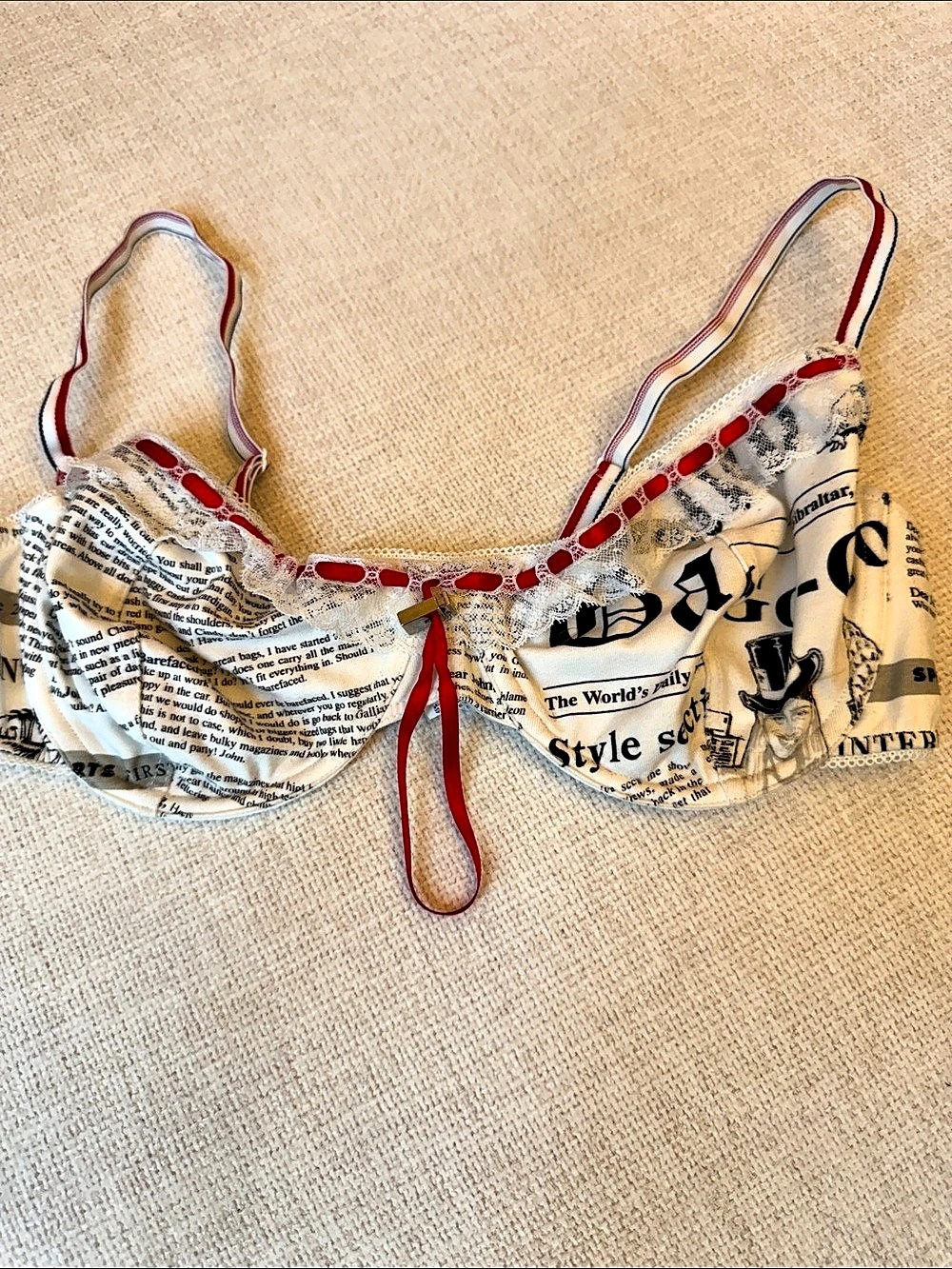 John Galliano Newspaper Print Bra White & Red 34C